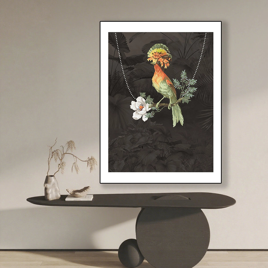 Bird pearl inlay wall decor showcased in a neutral room, adding artistic detail to the interior space.