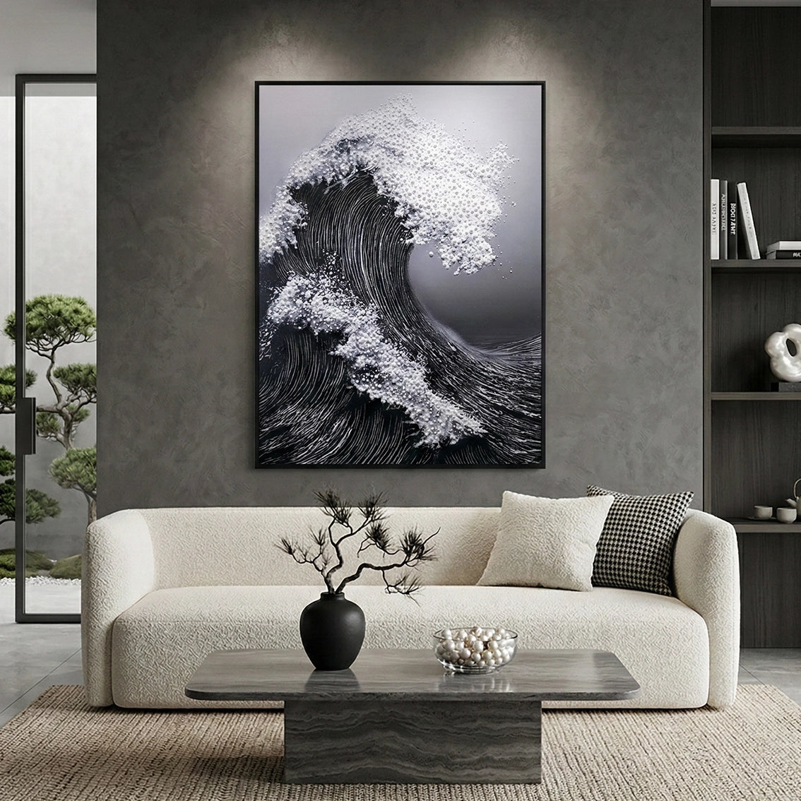 Black wave pearl textured wall art for modern living room wall decor.