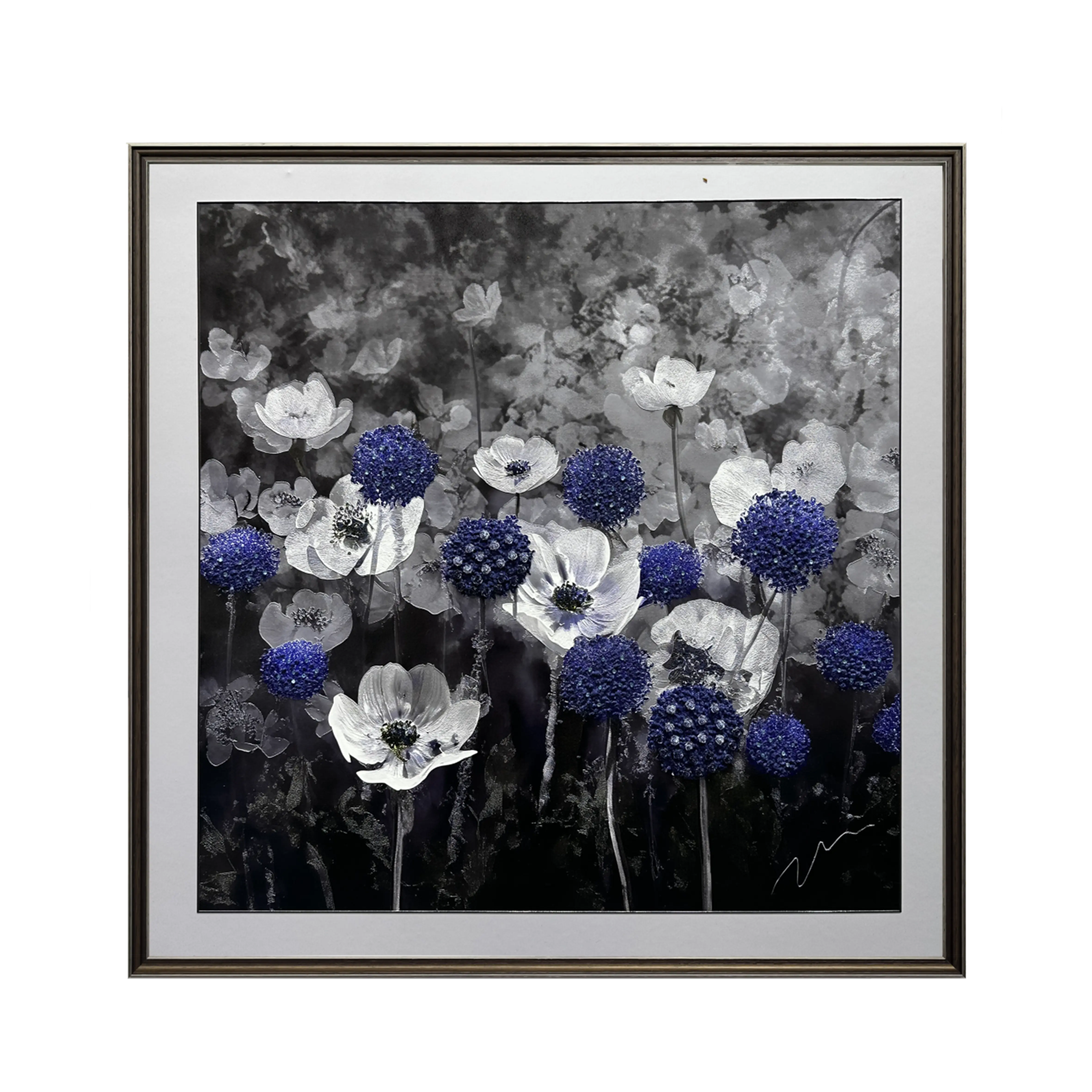 Blue and white textured floral diamond art featuring heavy texture and crystal accents for modern wall decor.