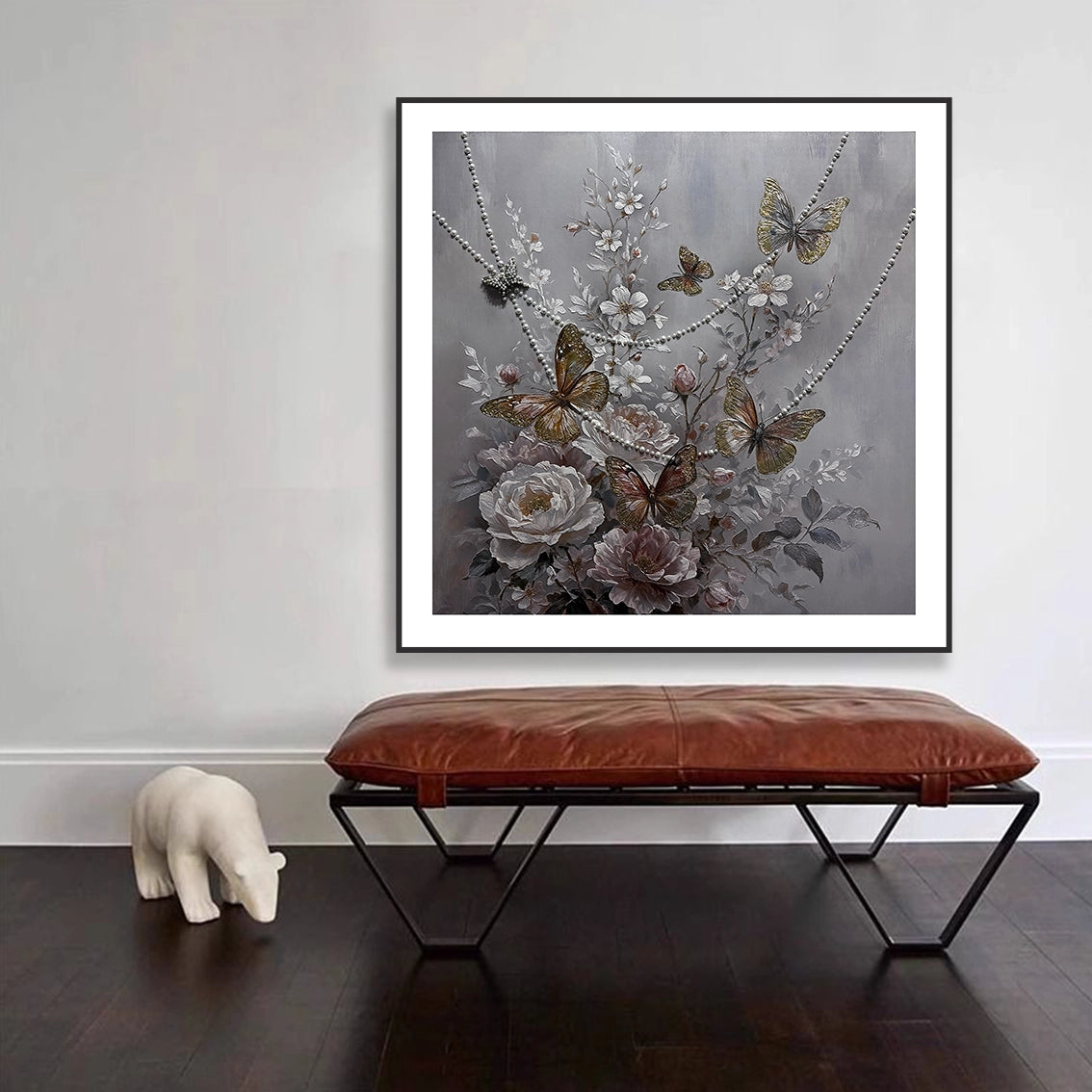 Butterfly pearl textured wall art for living room above modern bench decor.