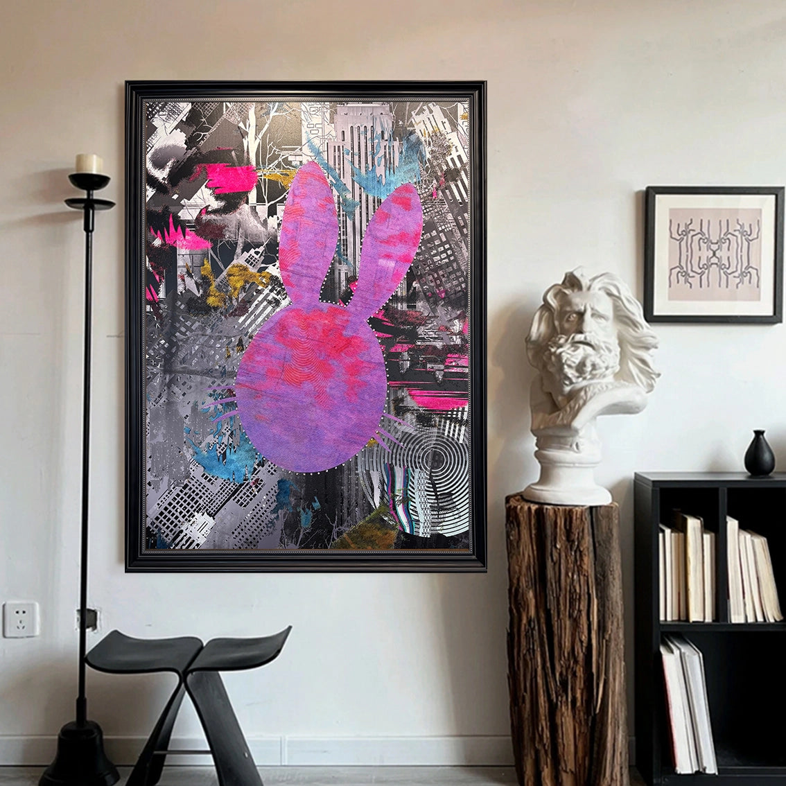 Colorful bunny abstract wall art enhancing a creative interior space with modern artistic decor.