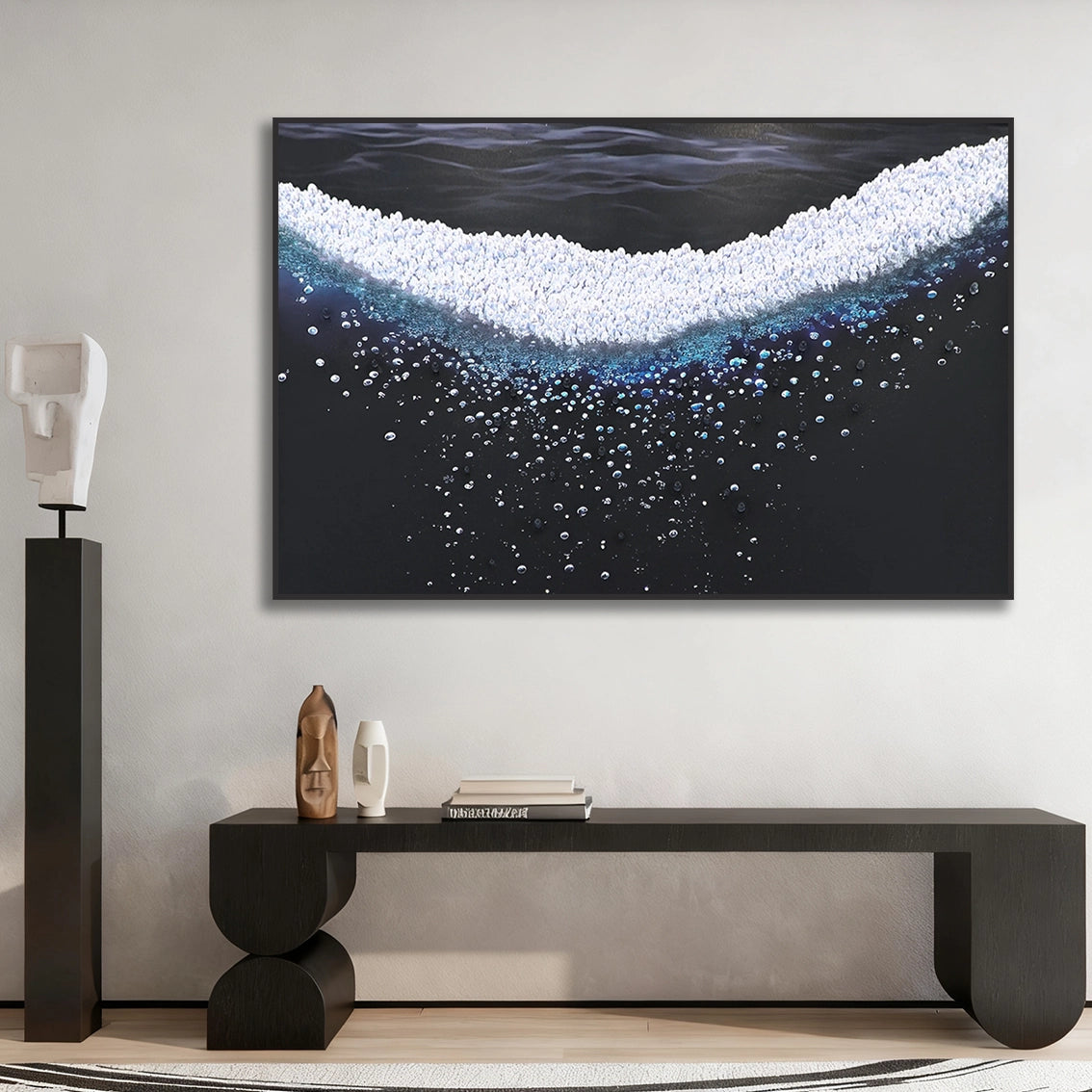 Contemporary pearl ocean wave wall art for living room above console table.