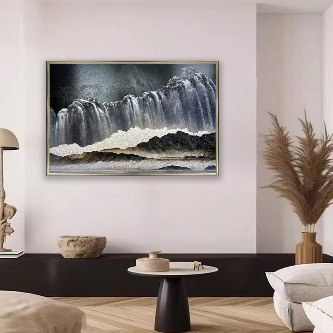 Textured crystal wall art displayed in a modern living room interior for elegant home decor.