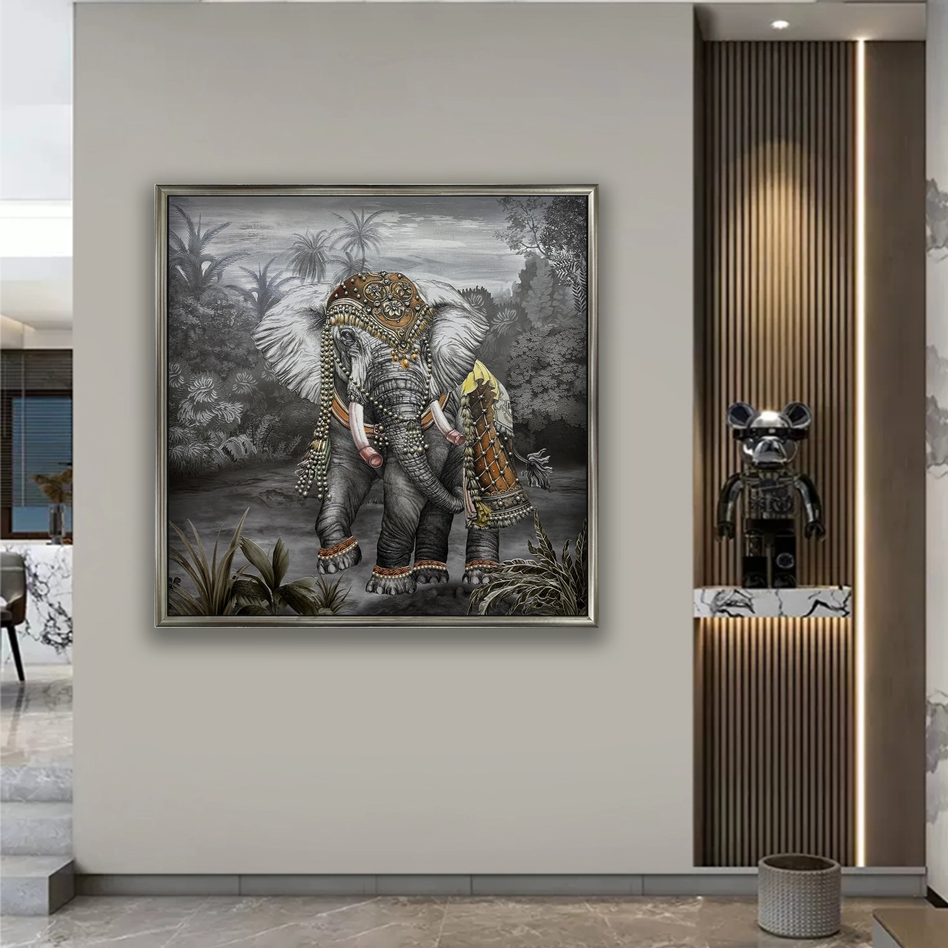 Decorative elephant textured wall art with pearl and diamond accents featured in a stylish hallway.