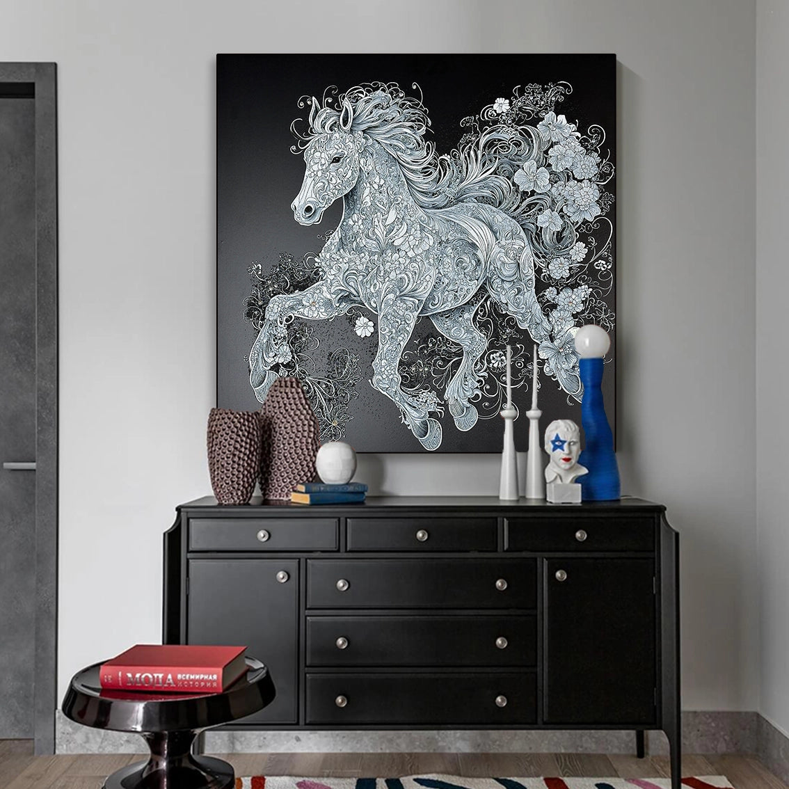Detailed textured horse wall art with pearl and diamond craft, enhancing modern interior wall decor.