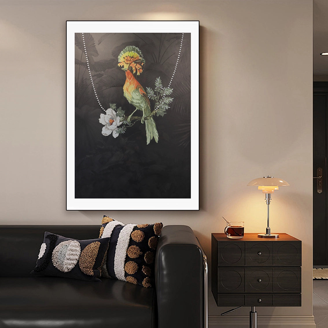 Elegant bird wall art with pearl inlay placed above a minimalist sofa for refined home wall decor.