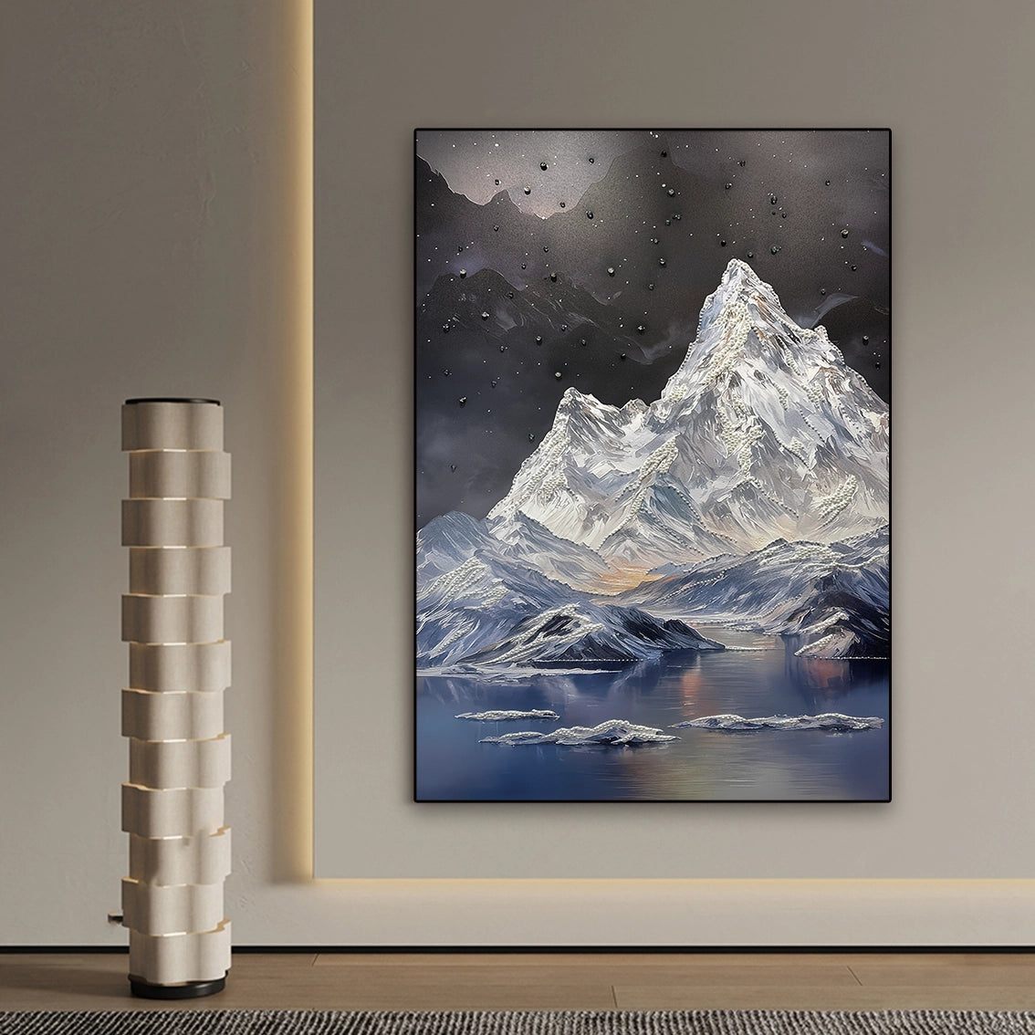 Elegant mountain wall art featuring heavy texture and pearl-crystal inlay displayed in contemporary decor.