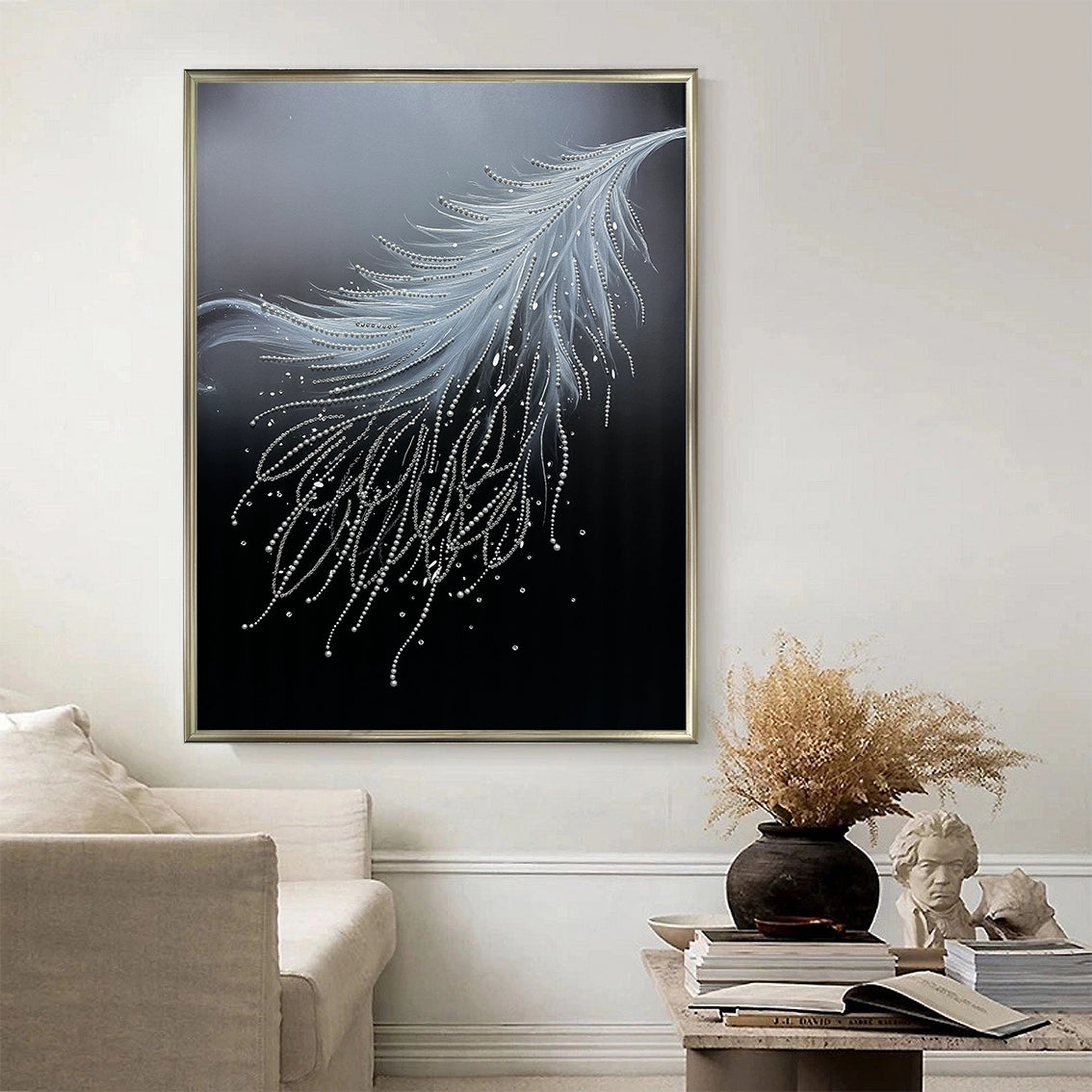 Luxury feather pearl diamond wall art for living room, modern textured wall decor enhancing elegant home style