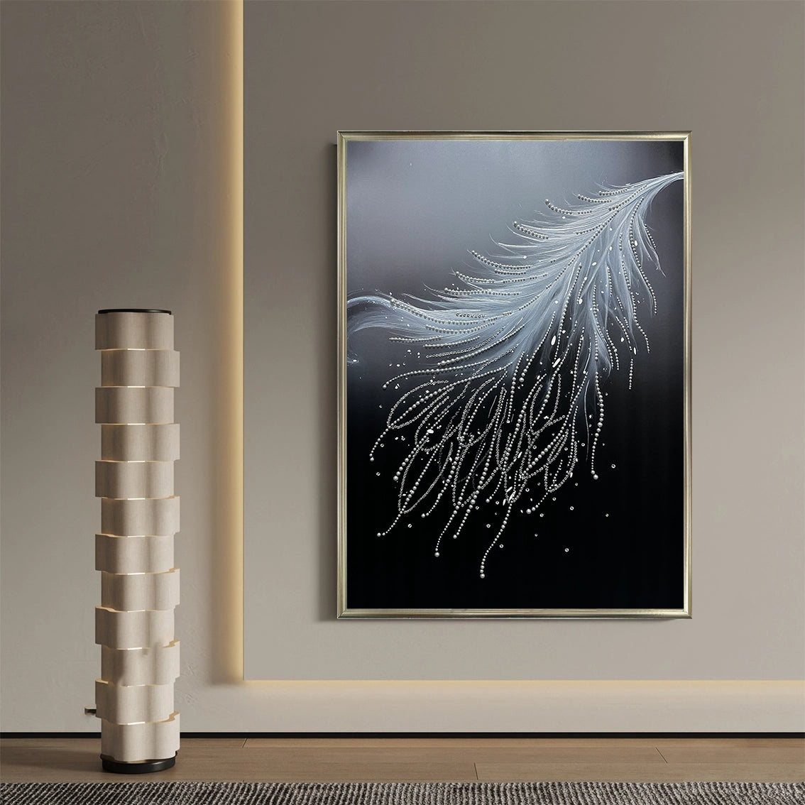 Luxury feather wall art with heavy texture and pearl diamond inlay, elegant wall decor for modern interiors.