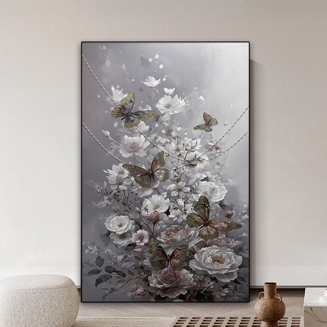 Floral butterfly pearl-inlay wall art for living room, textured decor adding elegance to modern interiors.