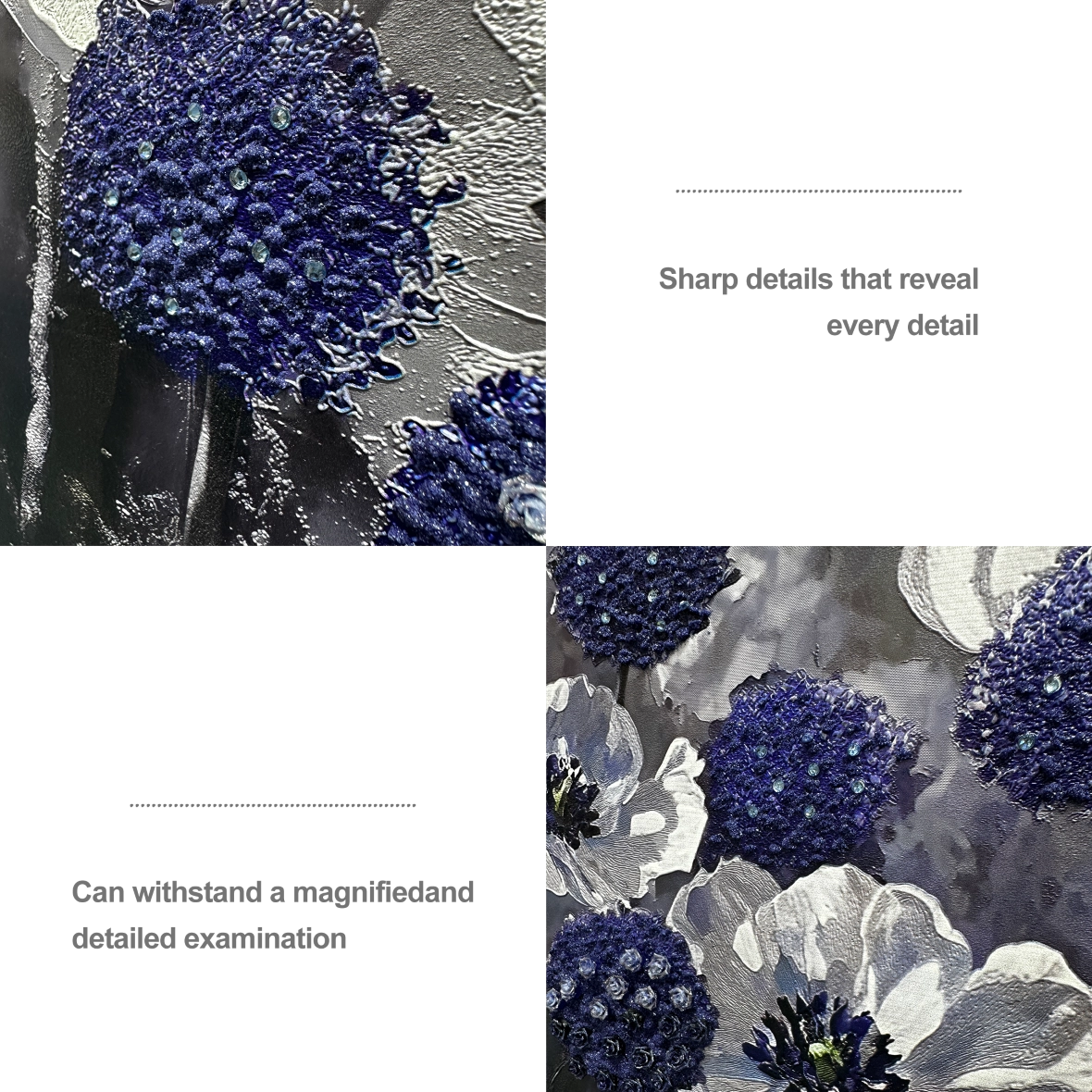 Close-up of textured floral diamond details showing raised layers and handcrafted decorative accents.