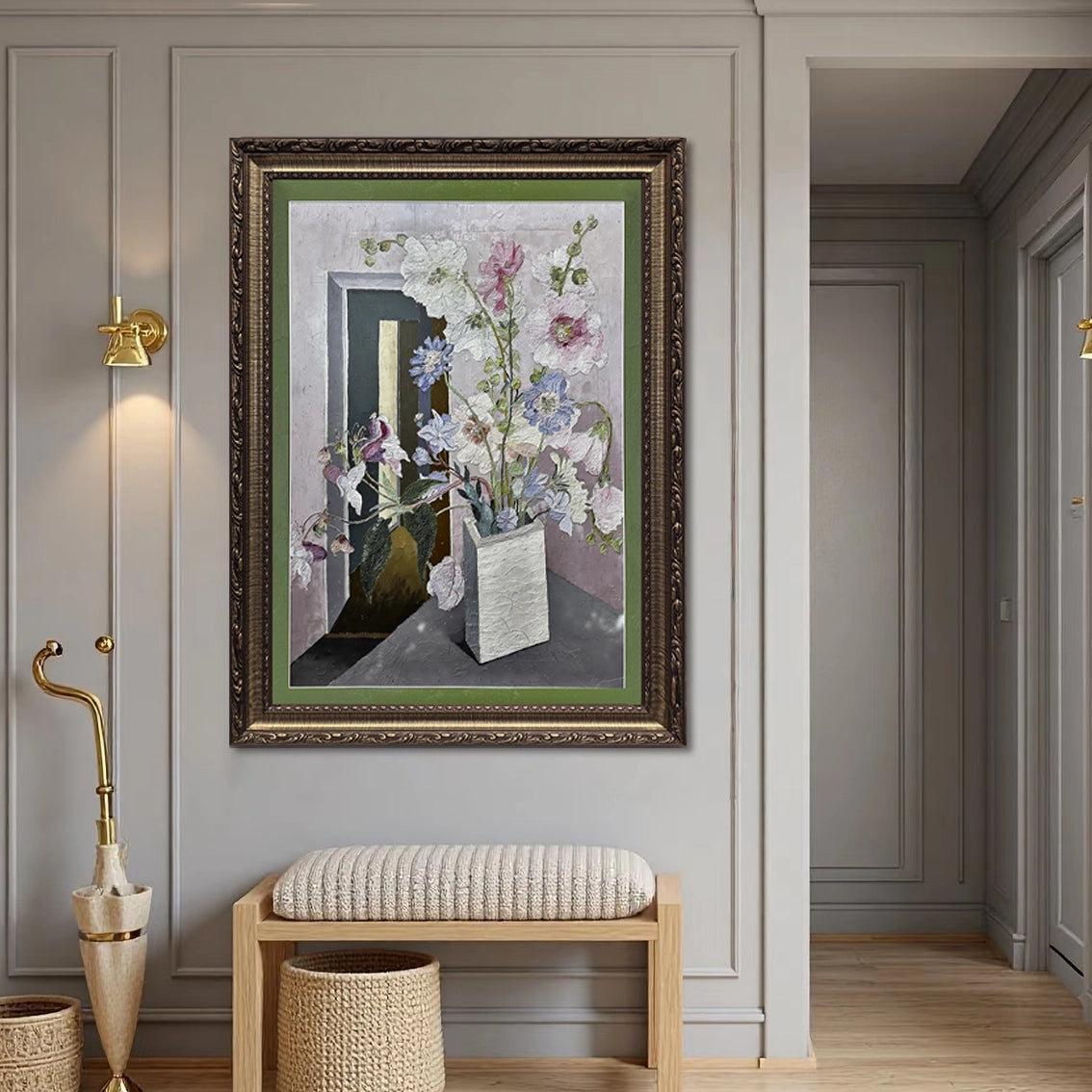 Floral textured wall art with diamond accents in hallway decor, elegant wall art for modern home.