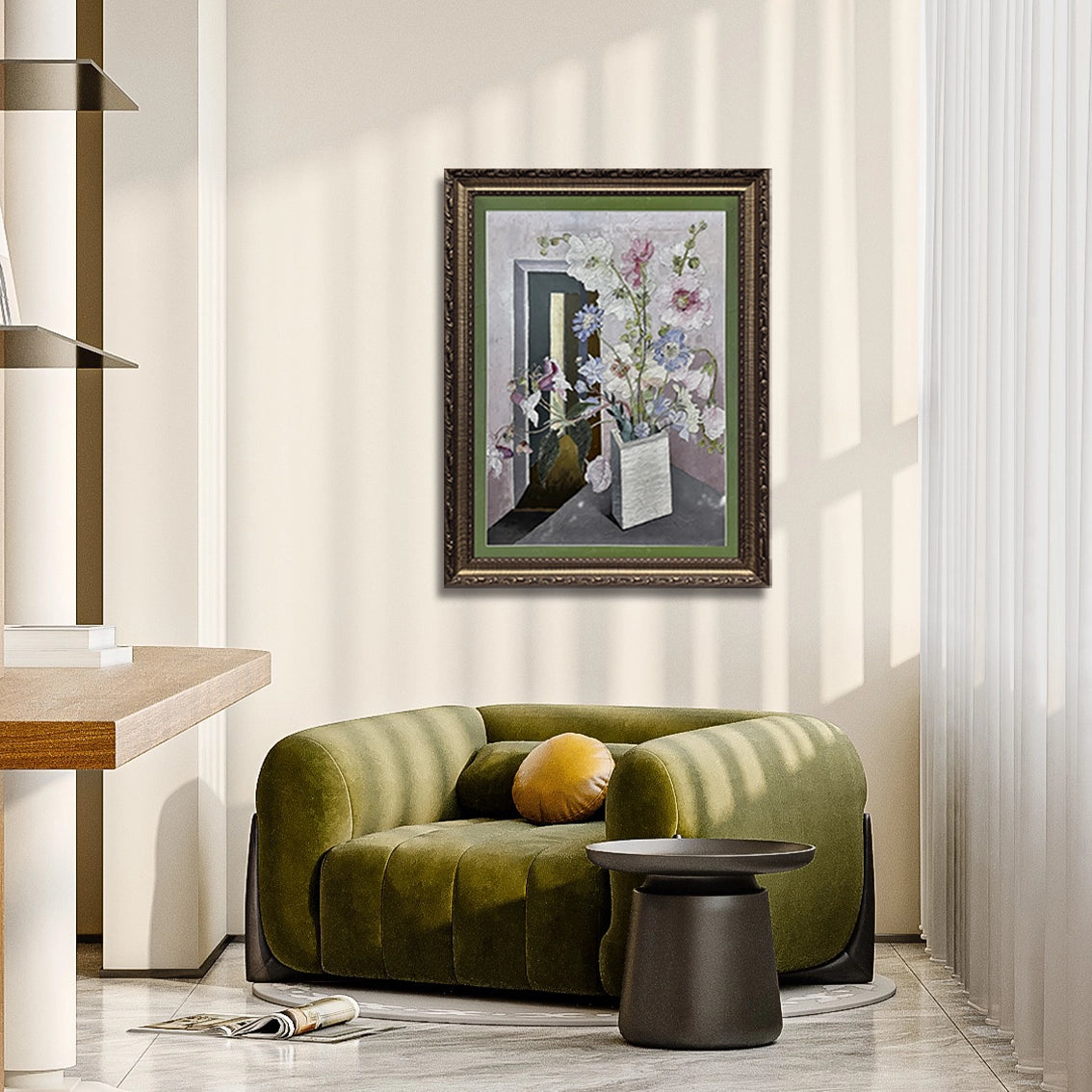Elegant floral textured wall art with diamond accents enhancing a contemporary lounge area decor.
