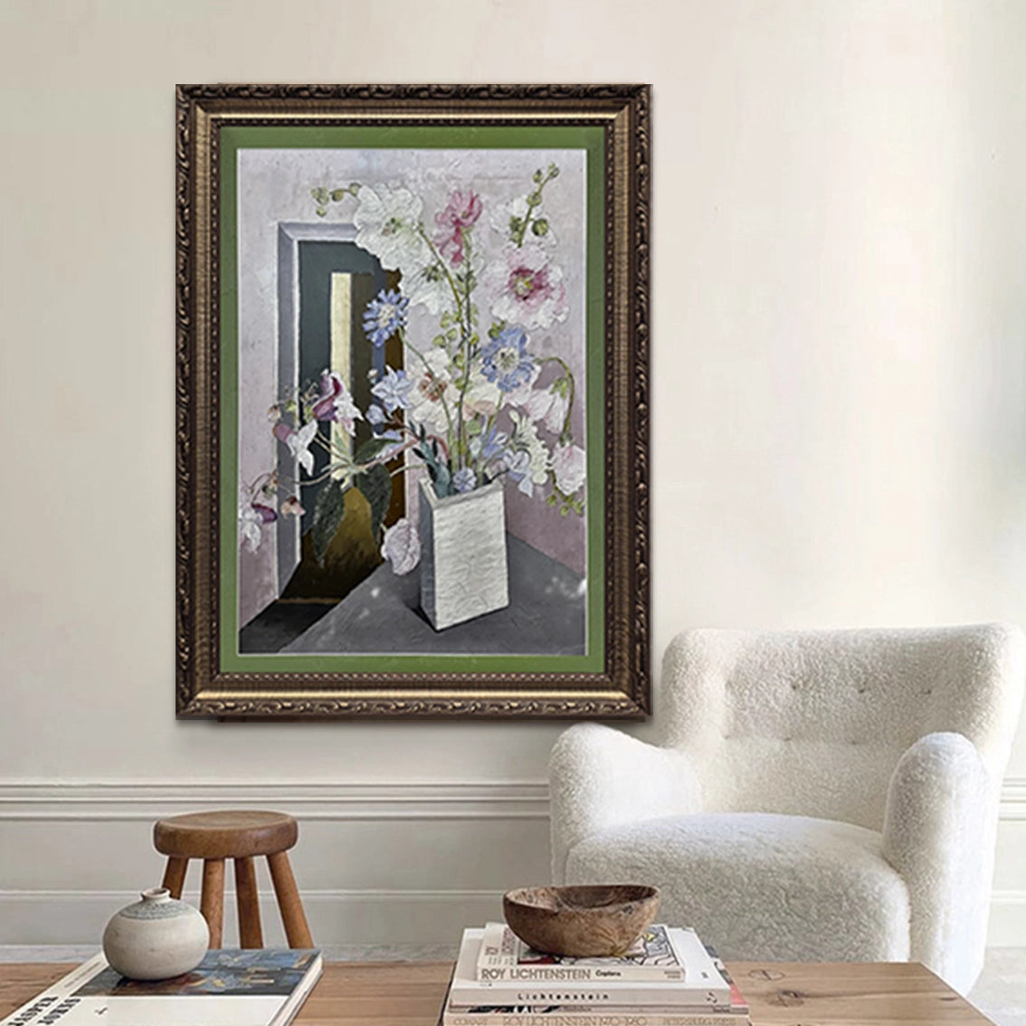 Diamond-embellished floral textured wall art in a cozy reading corner, refined wall decor for home.