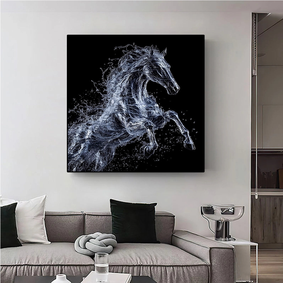 Galloping horse wall art with textured detail and diamond inlay in a stylish modern interior.