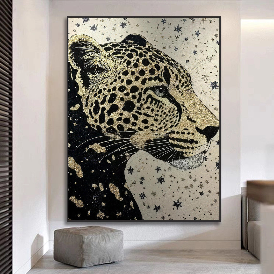 Gold leopard pearl wall art for living room in modern luxury wall decor setting.