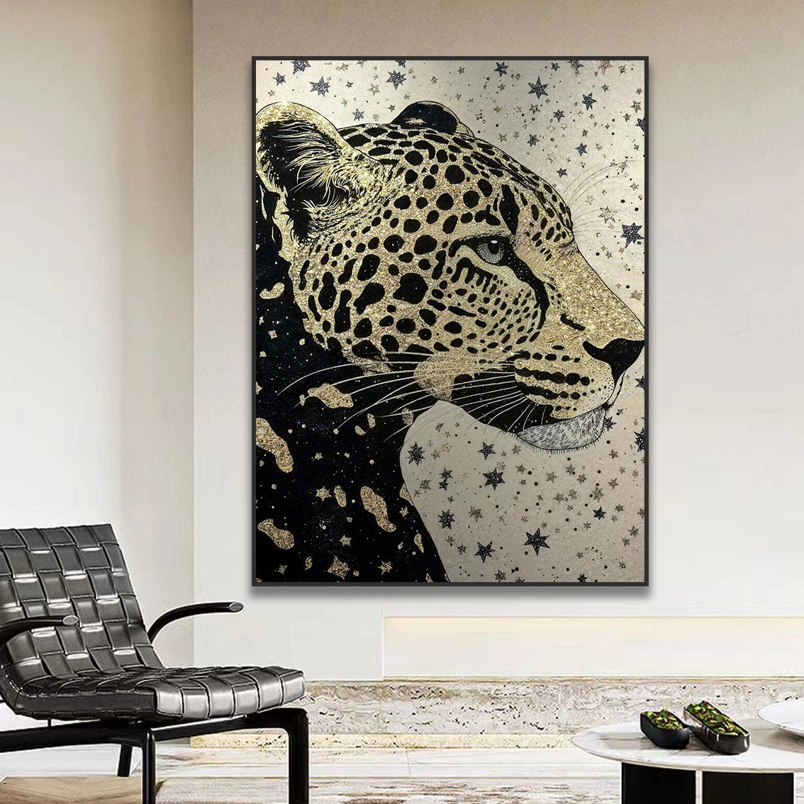 Gold leopard pearl wall art for living room in modern luxury home decor.