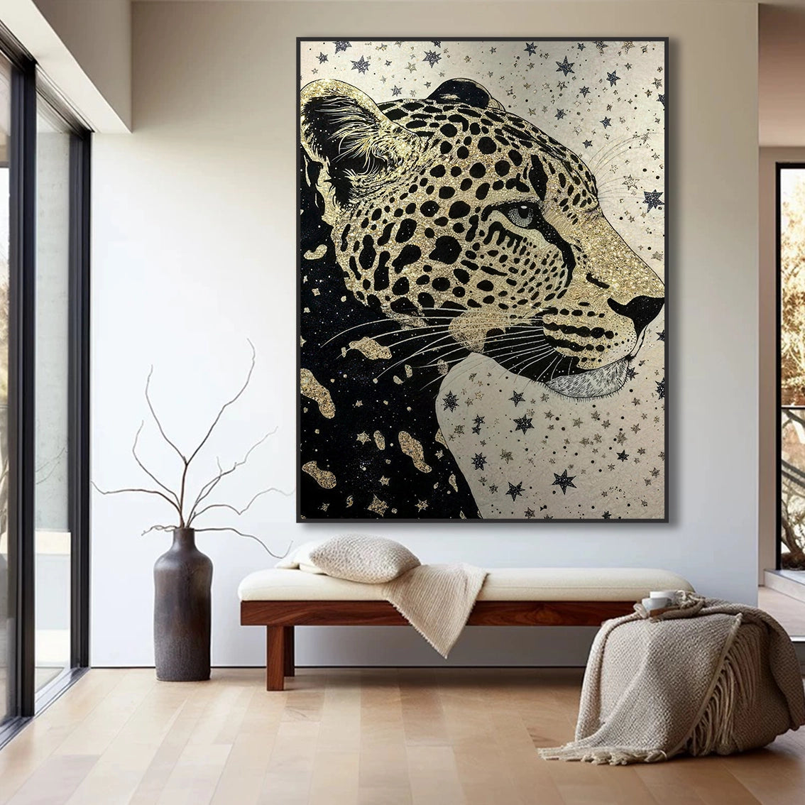 Gold leopard wall art for living room with heavy texture and pearl inlay detail.