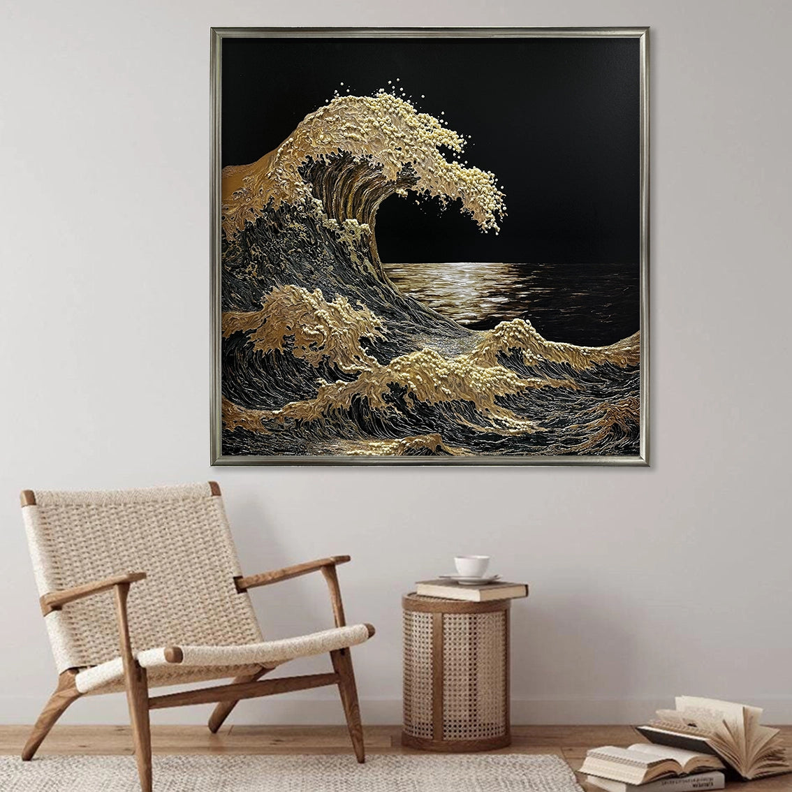 Gold wave pearl textured wall art enhancing a cozy sitting corner with refined modern luxury wall décor.