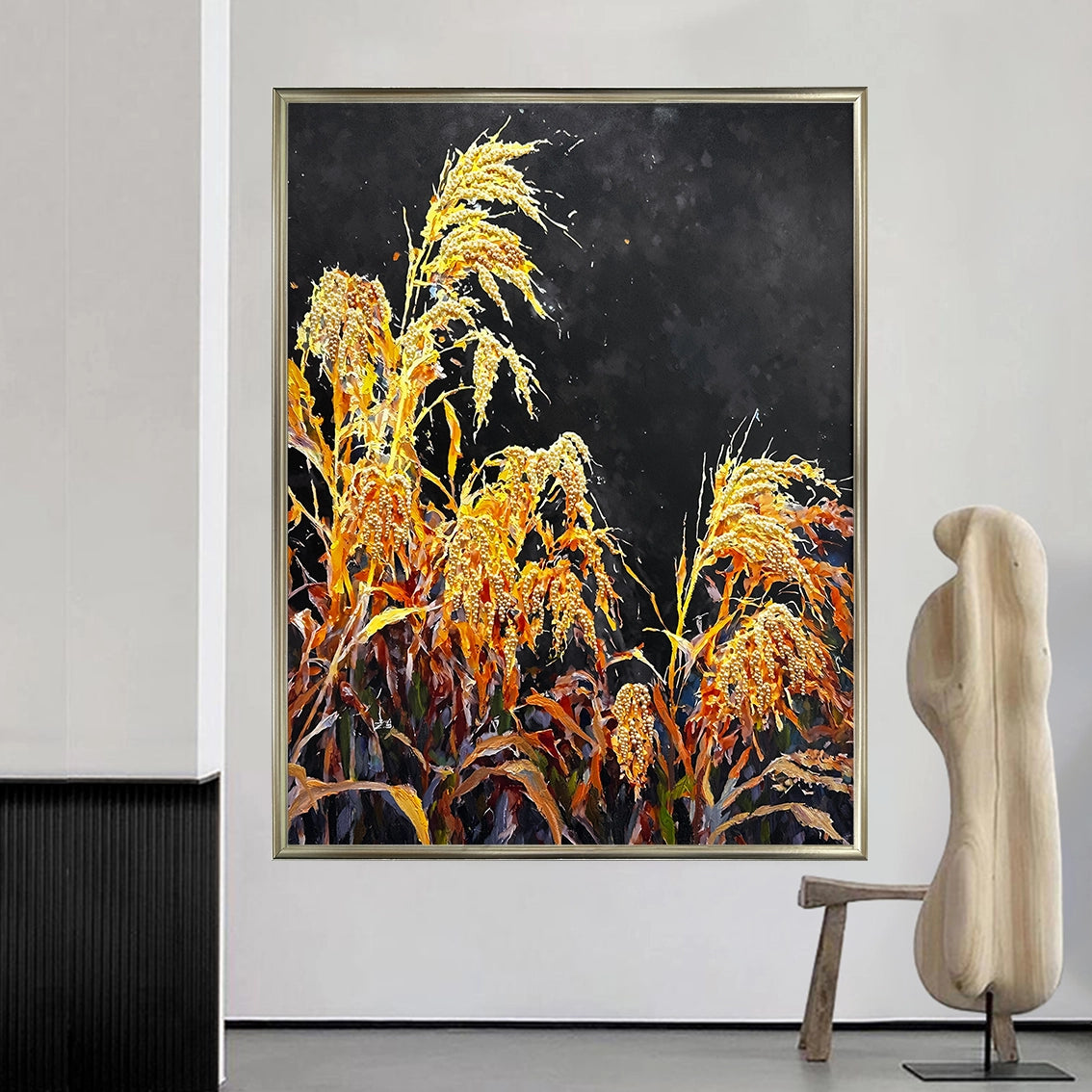 Golden grain textured wall art with pearl inlay in hallway, modern entry wall decor.