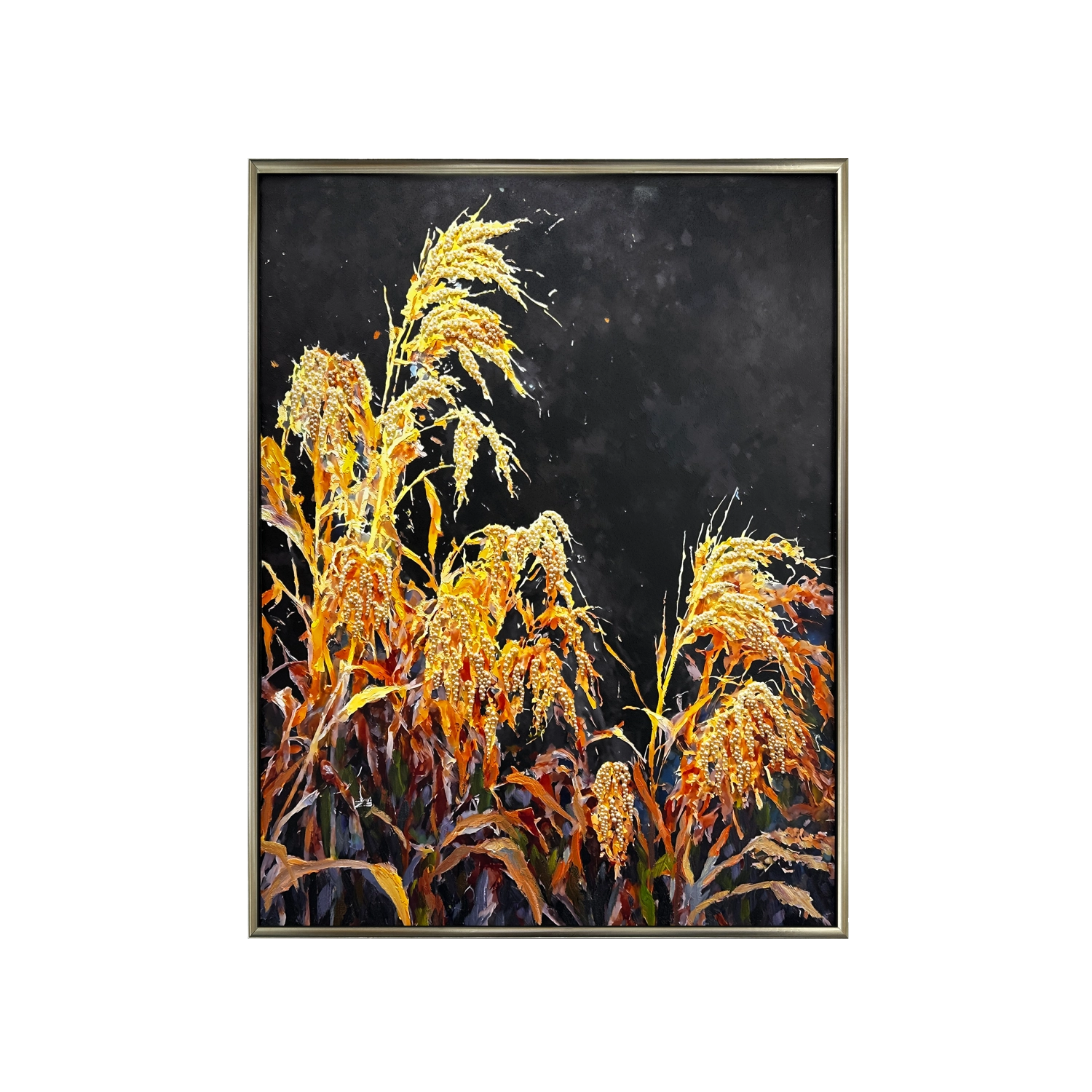 Artstellary golden grain wall art with heavy texture and pearl inlay, modern luxury décor.