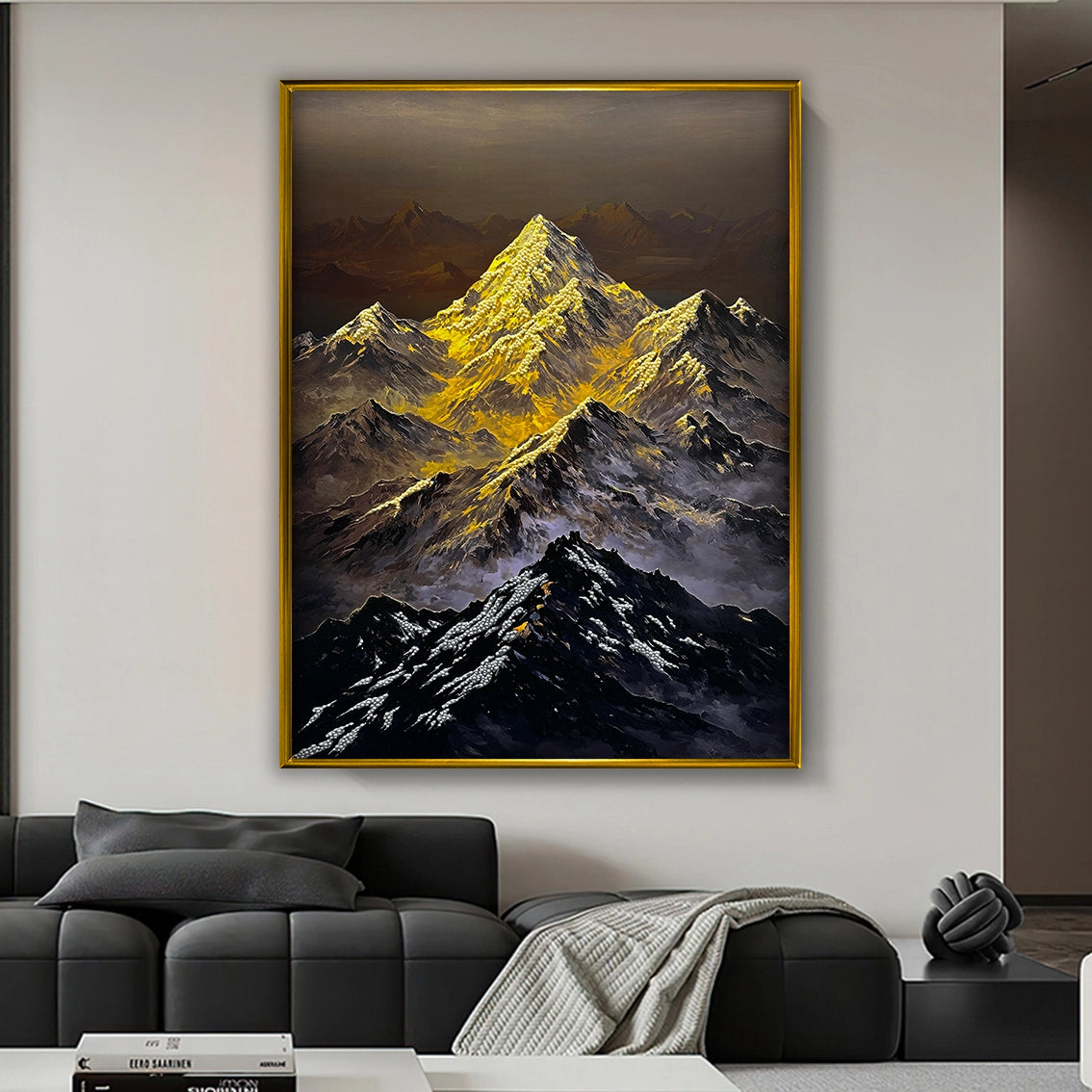 Golden mountain textured wall art with pearl inlay adding dramatic decor to a modern living room.