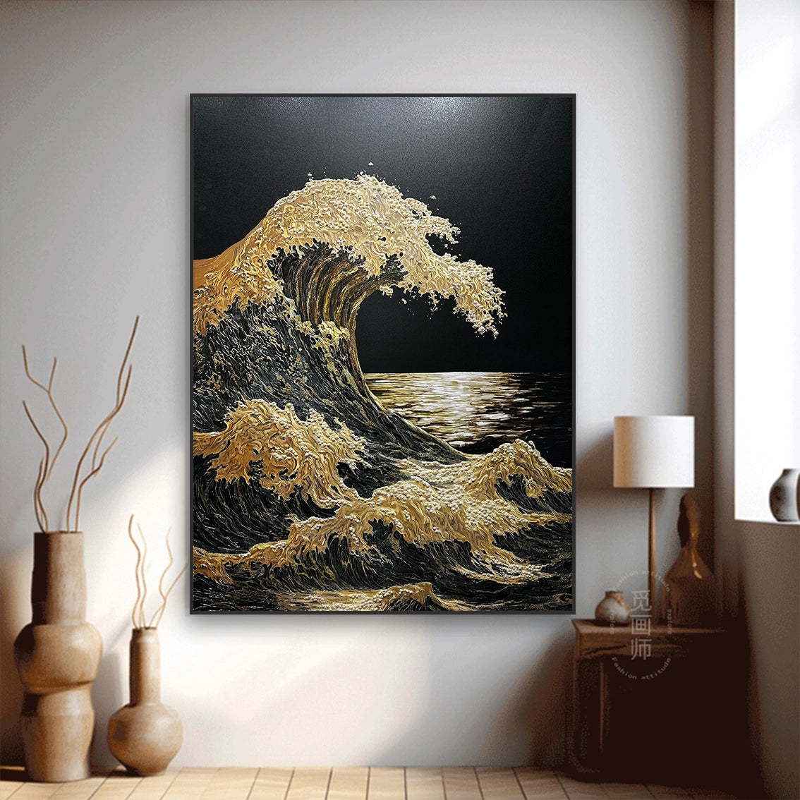 Golden wave textured pearl wall art for living room black and gold wall decor.