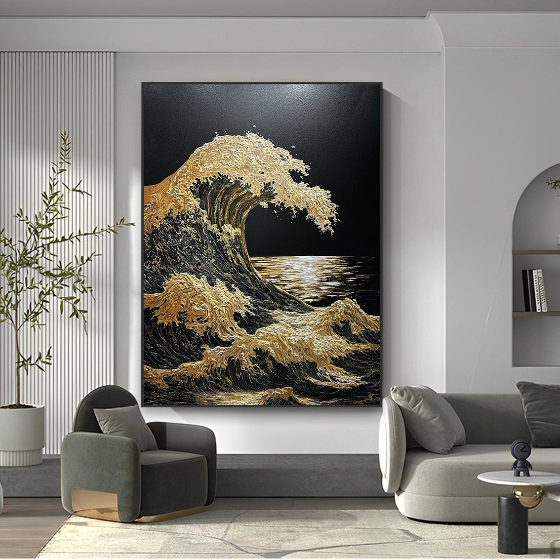 Golden wave textured pearl wall art for modern living room wall decor.