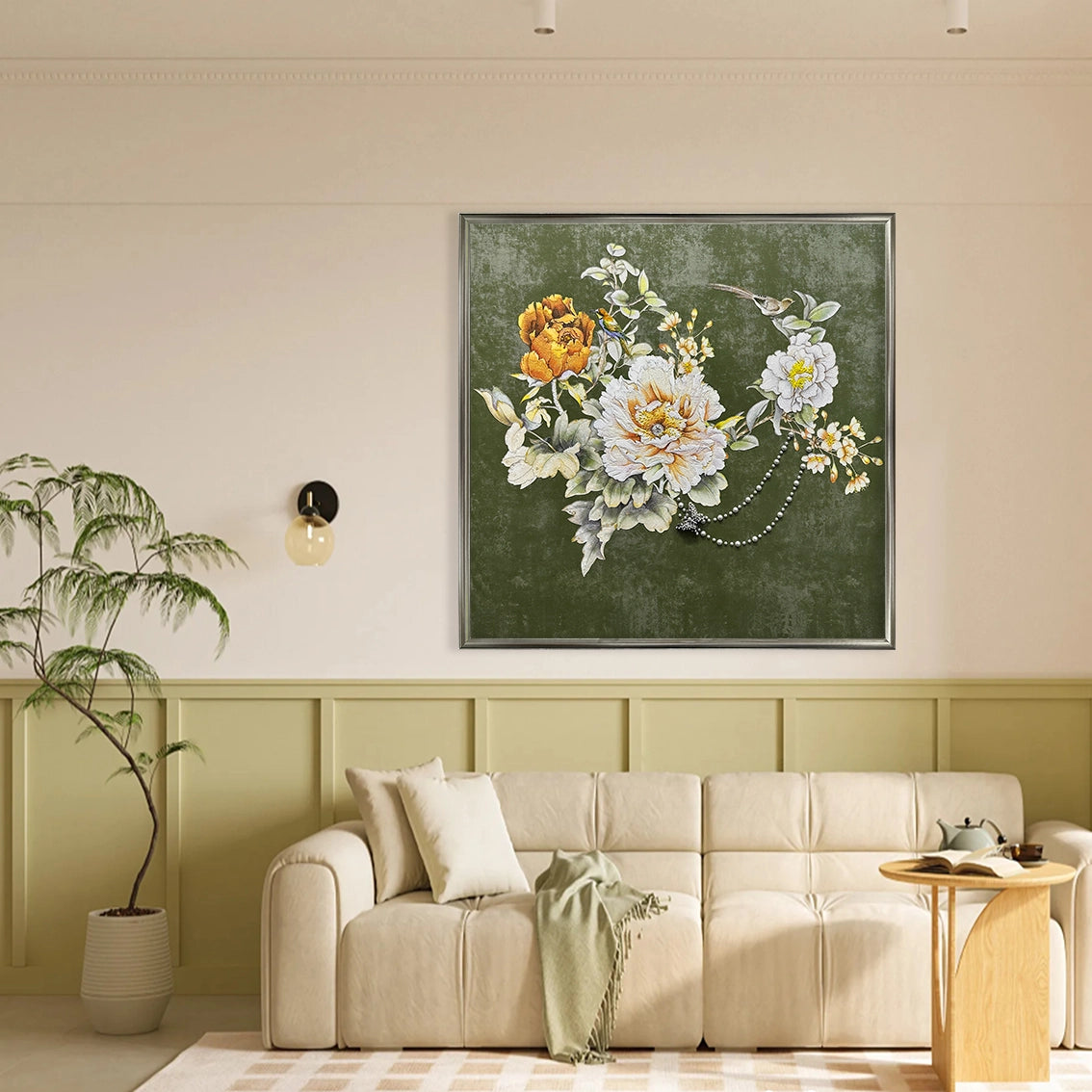 Green floral pearl inlay wall art adding elegance to a bright living room décor arrangement.