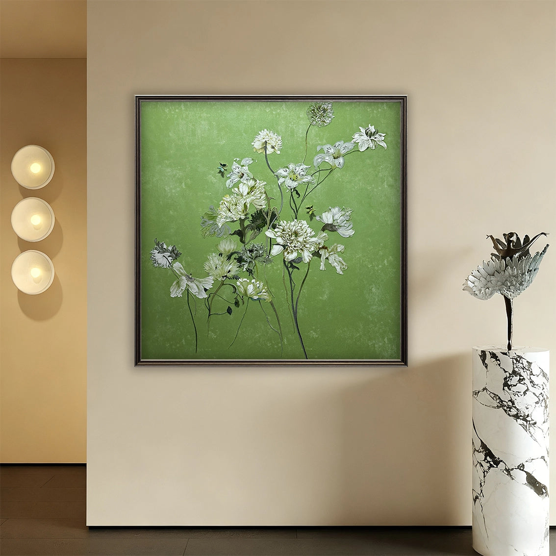 Green floral textured wall art with diamond inlay adding refined modern decor to a stylish interior.