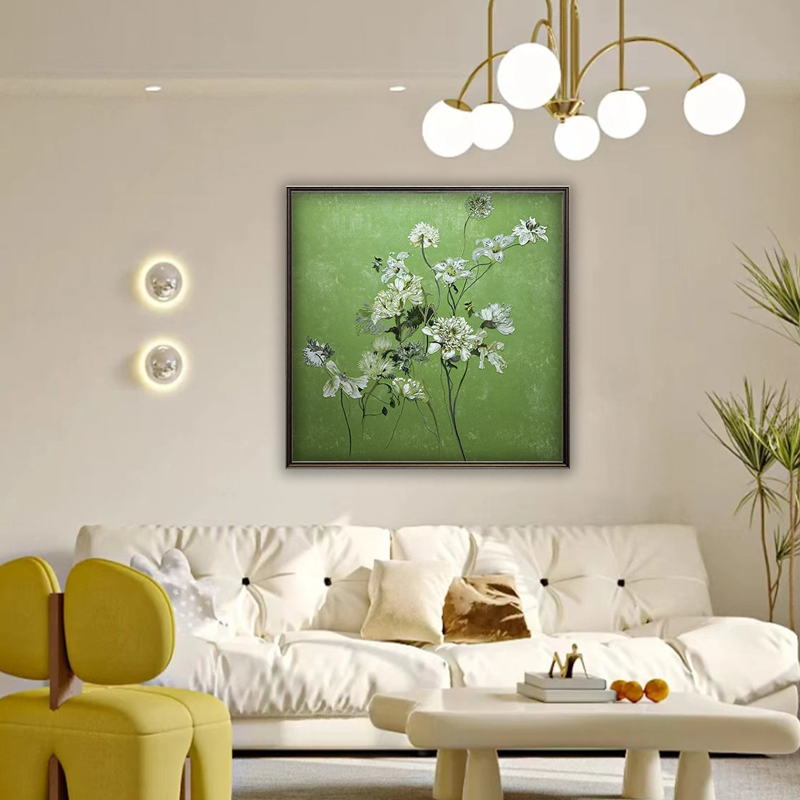 Green floral textured wall art with diamond inlay adding elegant decor to a bright modern living room.