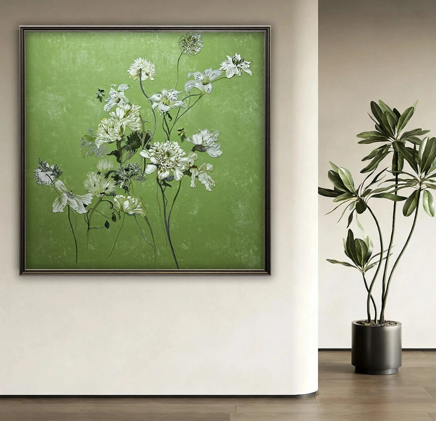 Luxury green floral textured wall art with diamond inlay creating elegant decor in a bright hallway.