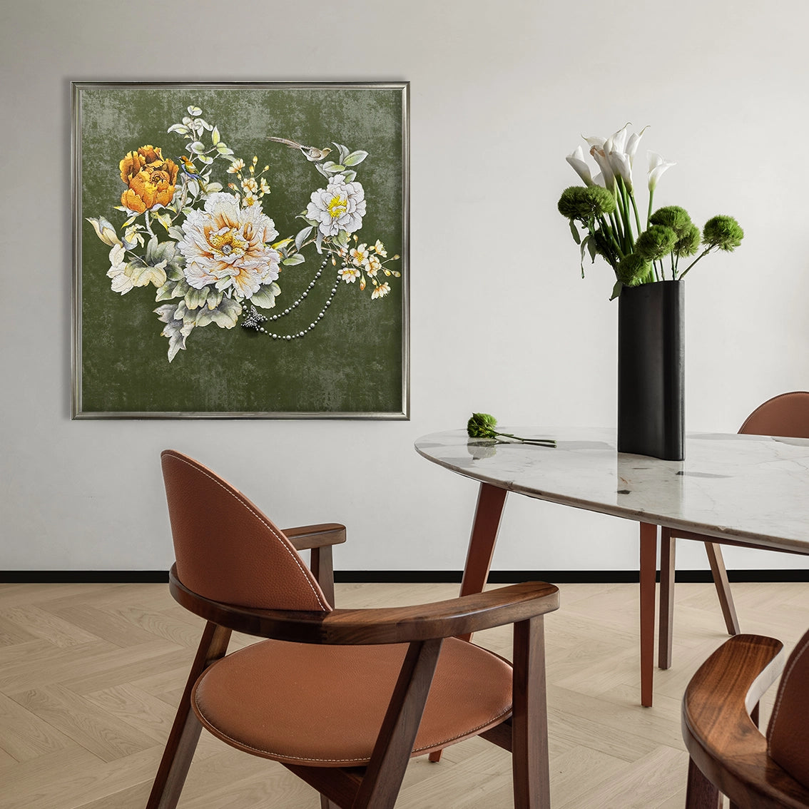 Green floral textured wall decor with pearl inlay showcased in a modern dining room setting.