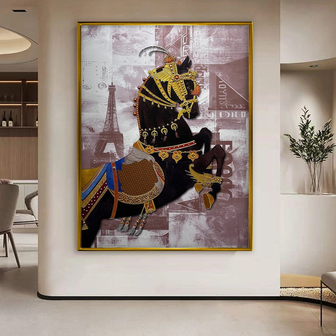 Luxury horse wall art with pearl inlay displayed in a modern entryway, enhancing elegant home decor.