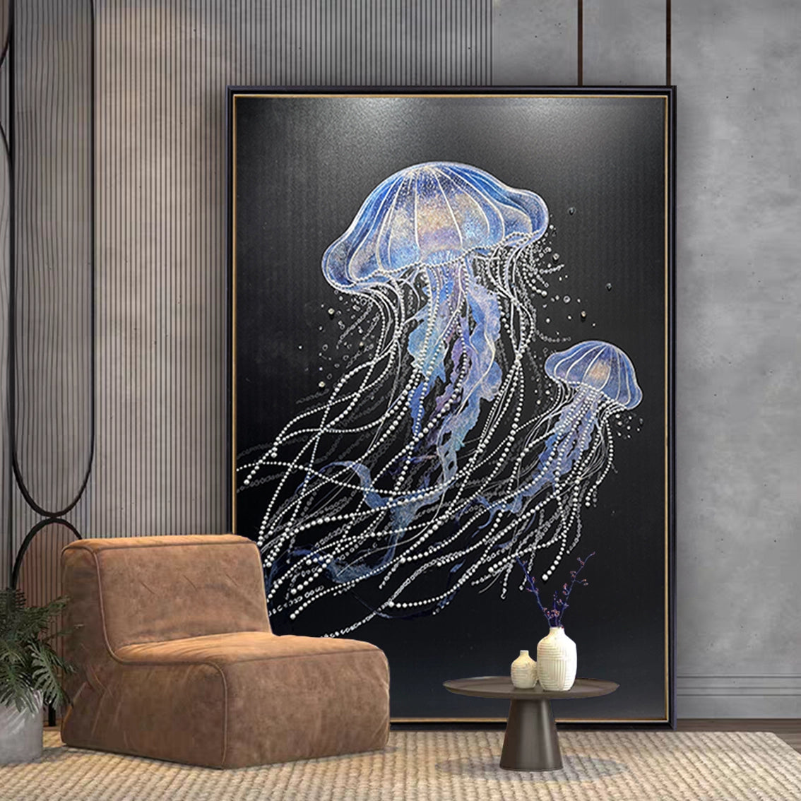 Luxury jellyfish pearl diamond wall art for living room, featuring textured black decor.