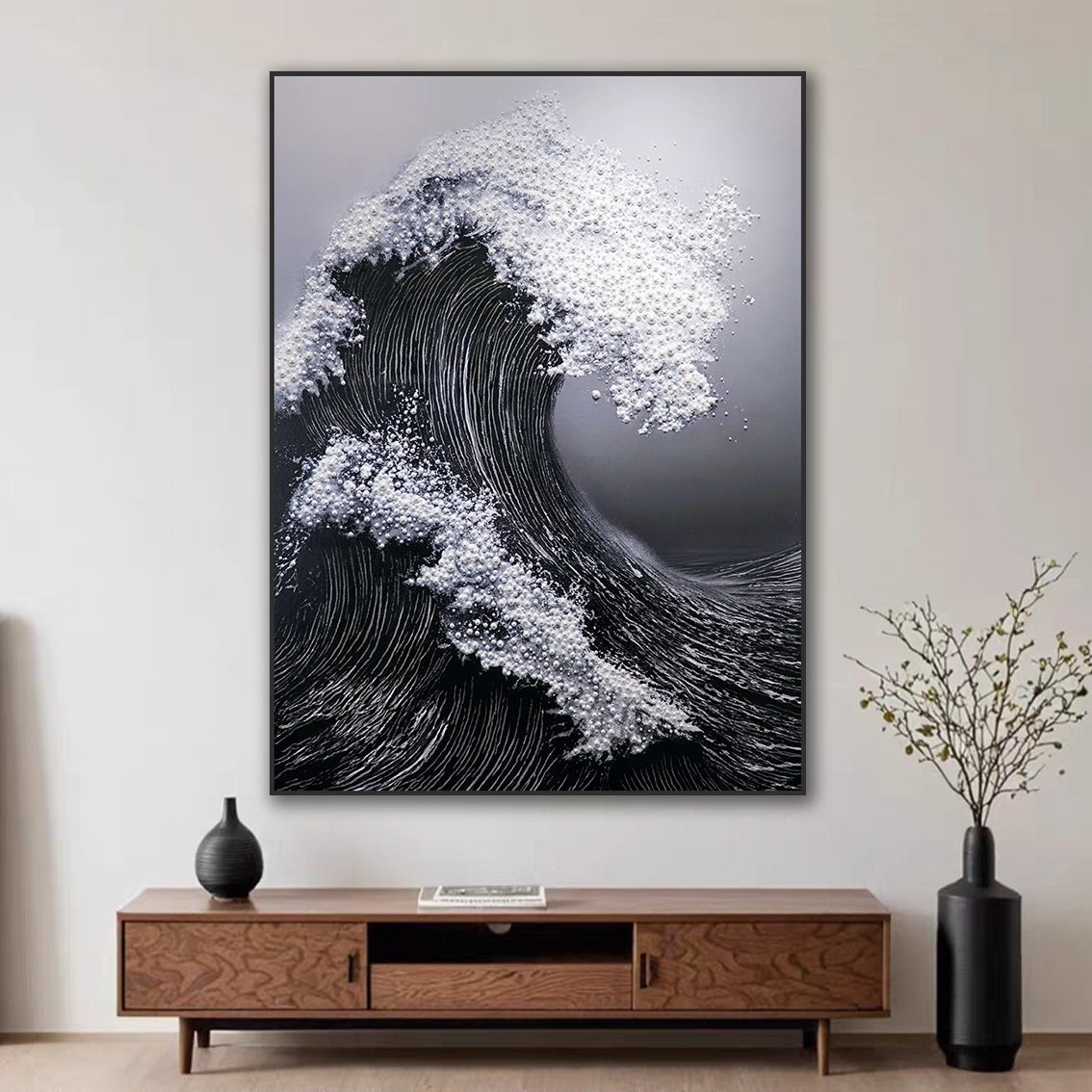 Large black wave pearl wall art for contemporary home wall decor.