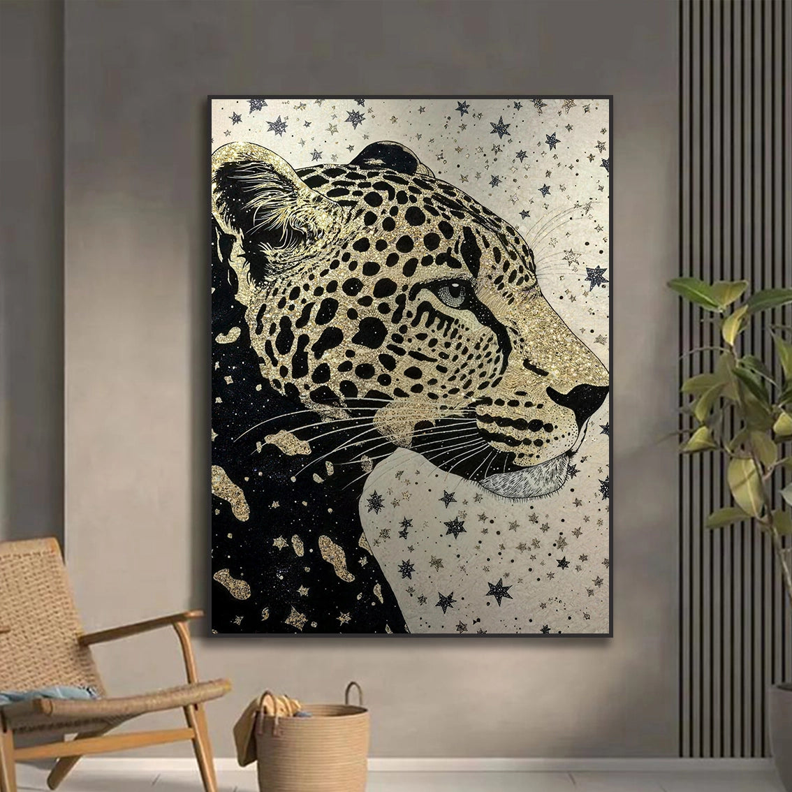 Large gold leopard wall art with pearl inlay for contemporary living room wall decor.