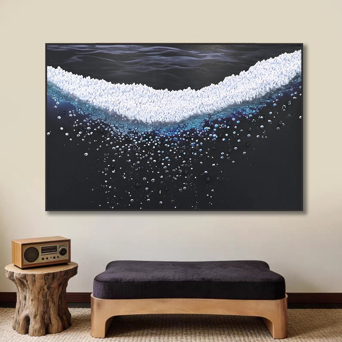 Large pearl ocean wave wall art for living room above bench in modern home decor.