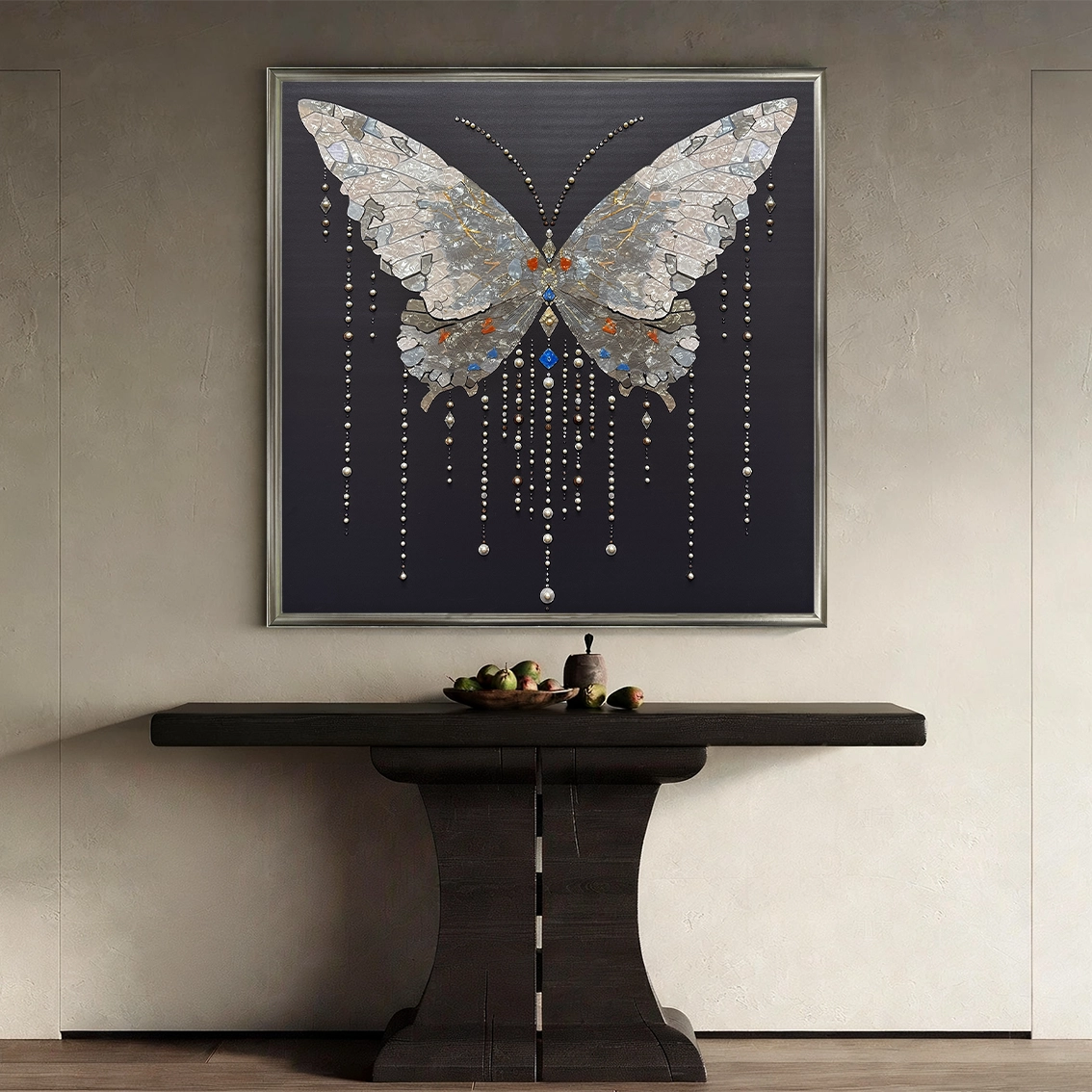 Luxury butterfly wall art with textured craft and pearl inlay displayed in a modern interior space.