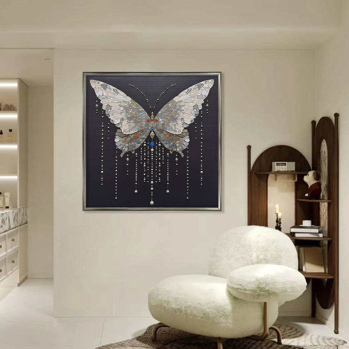 Luxury butterfly textured wall art with shimmering crystal inlay shown in a cozy bedroom space.