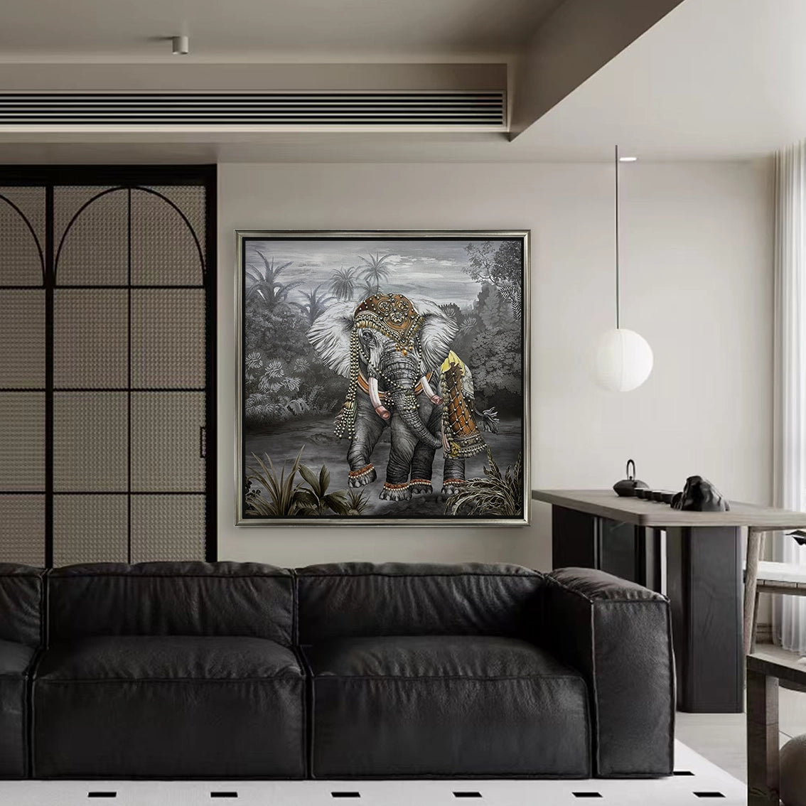 Luxury elephant wall decor with heavy texture and pearl diamond details above a sofa.