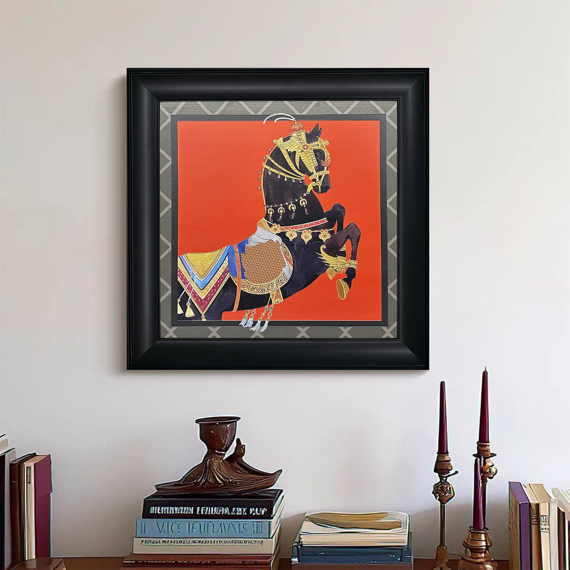 Luxury horse wall art with diamond inlay and textured details displayed in a modern living room.