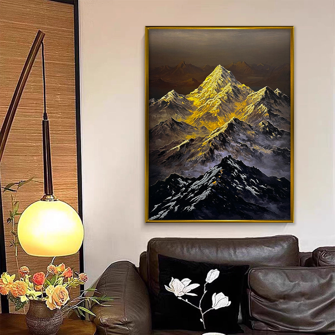 Luxury textured mountain wall art with pearl inlay showcased above a leather sofa in modern decor.