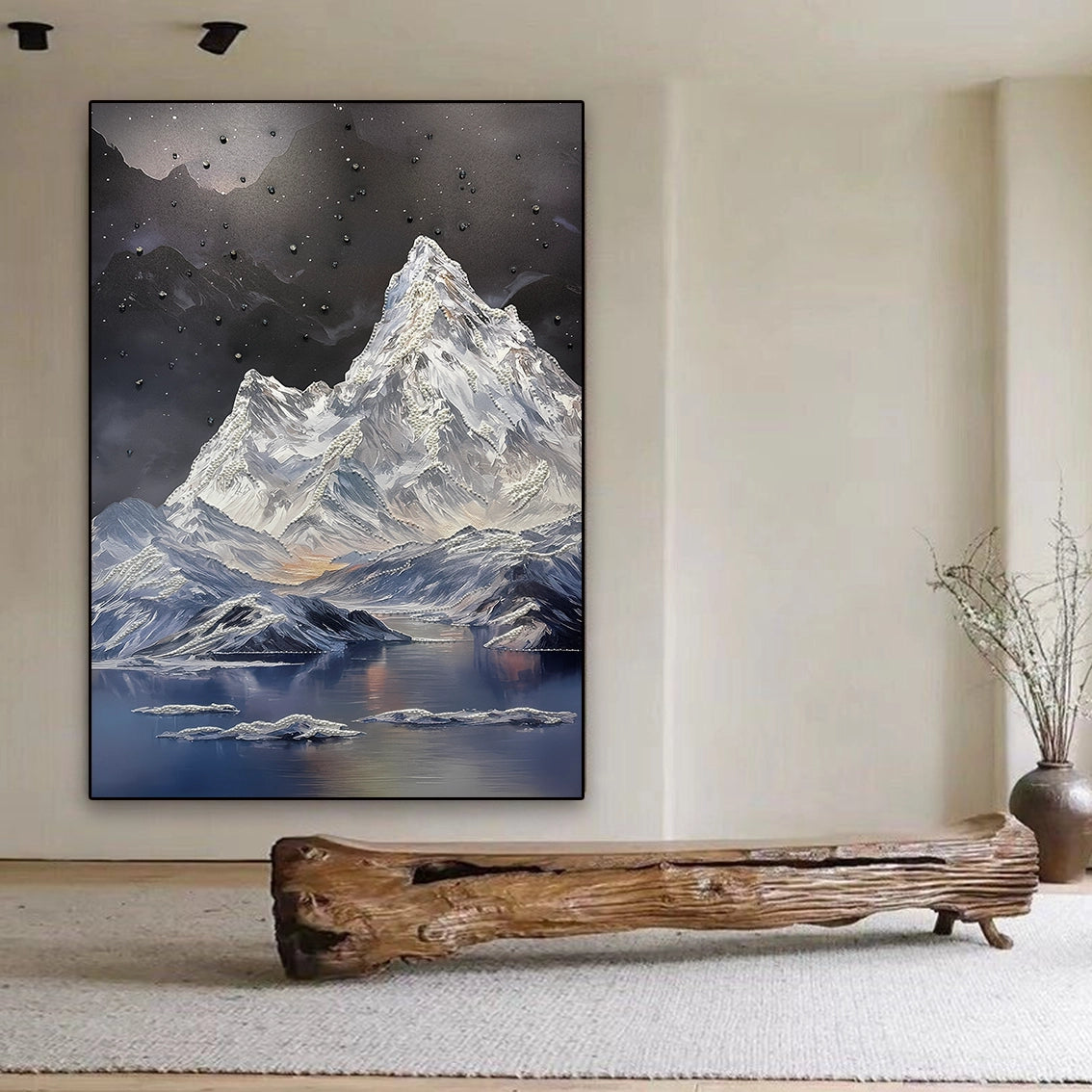 Luxury textured mountain wall art with pearl-crystal inlay showcased in a calm modern living space.