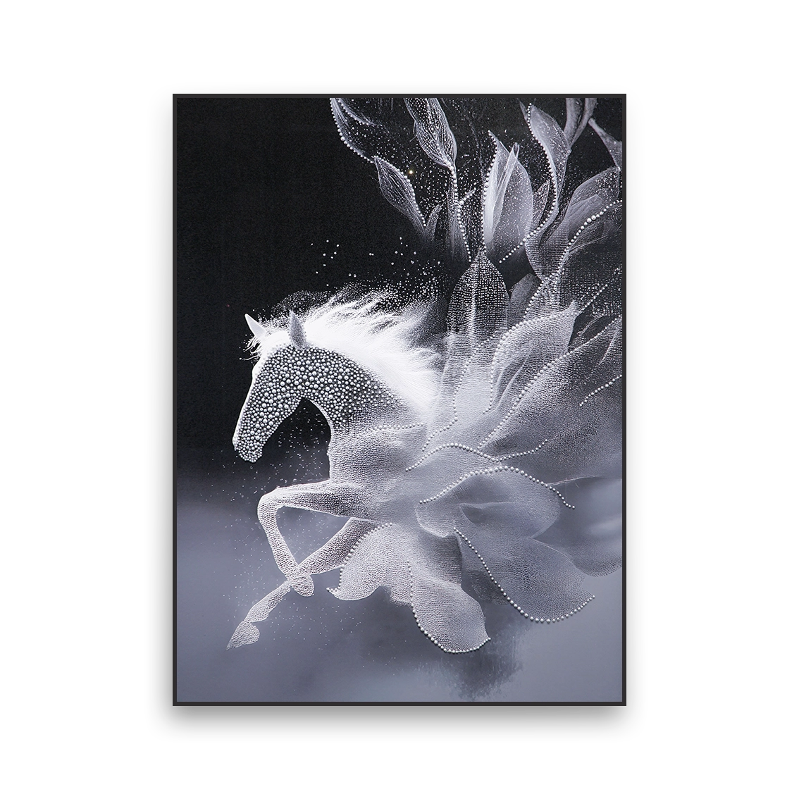 Luxury textured pearl horse wall art on black background.