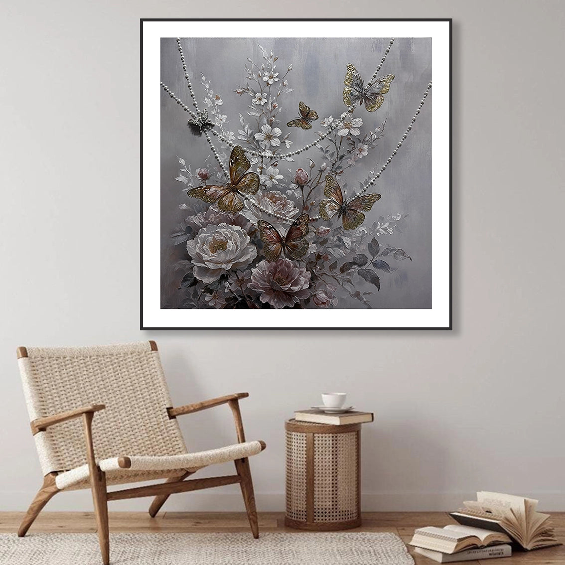 Butterfly pearl wall art for modern living room wall decor with neutral tones.