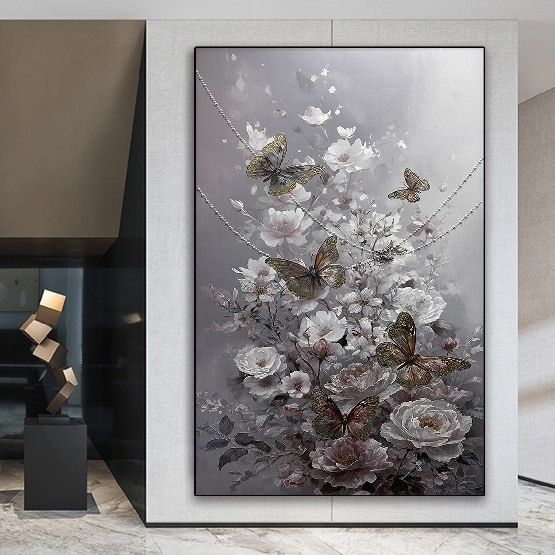 Modern floral butterfly textured painting with pearl inlay, suitable for elegant home interiors.