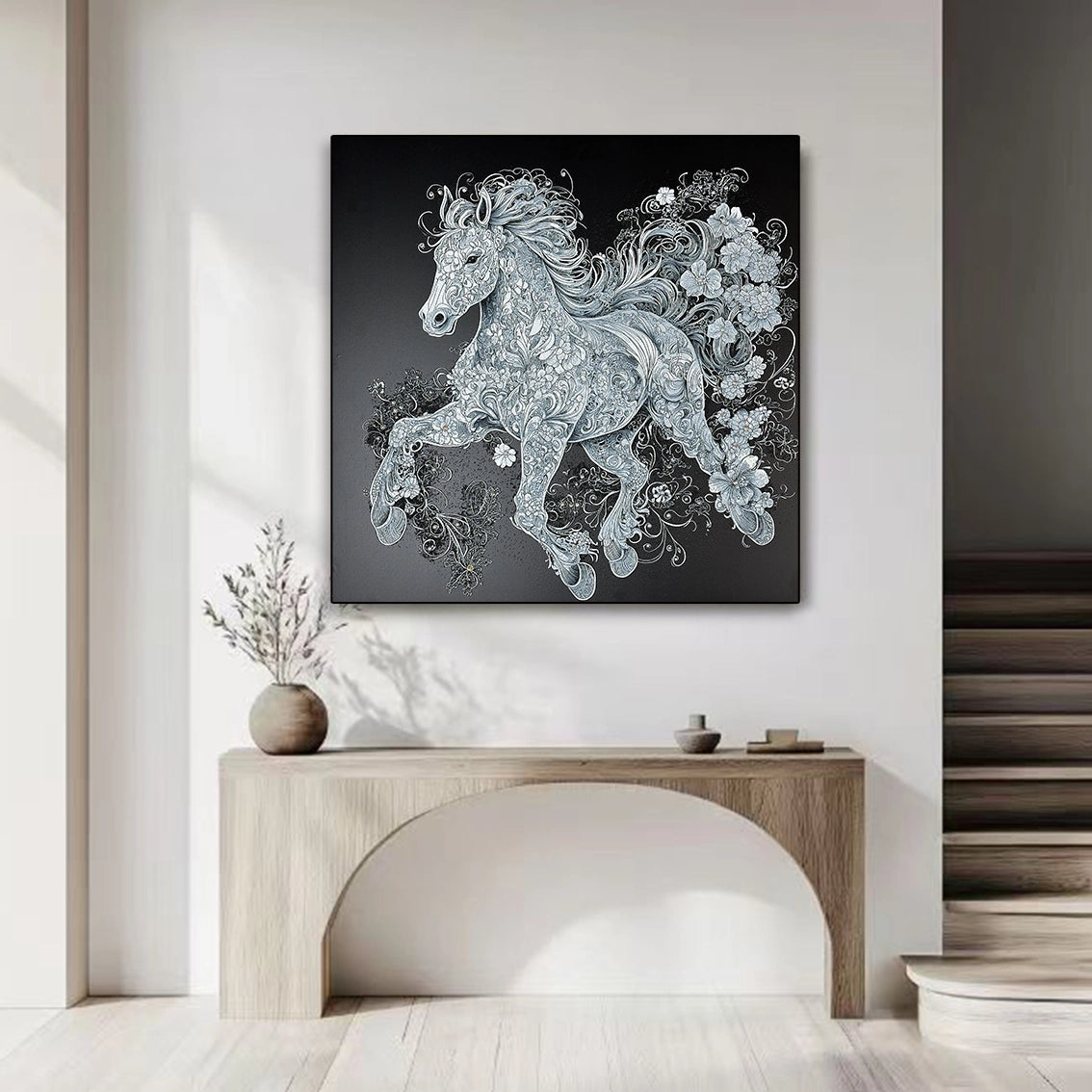 Modern horse wall art with pearl and diamond accents, adding luxury texture to hallway wall decor.