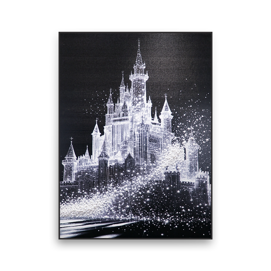 Modern black castle wall art with pearl inlay and heavy texture.