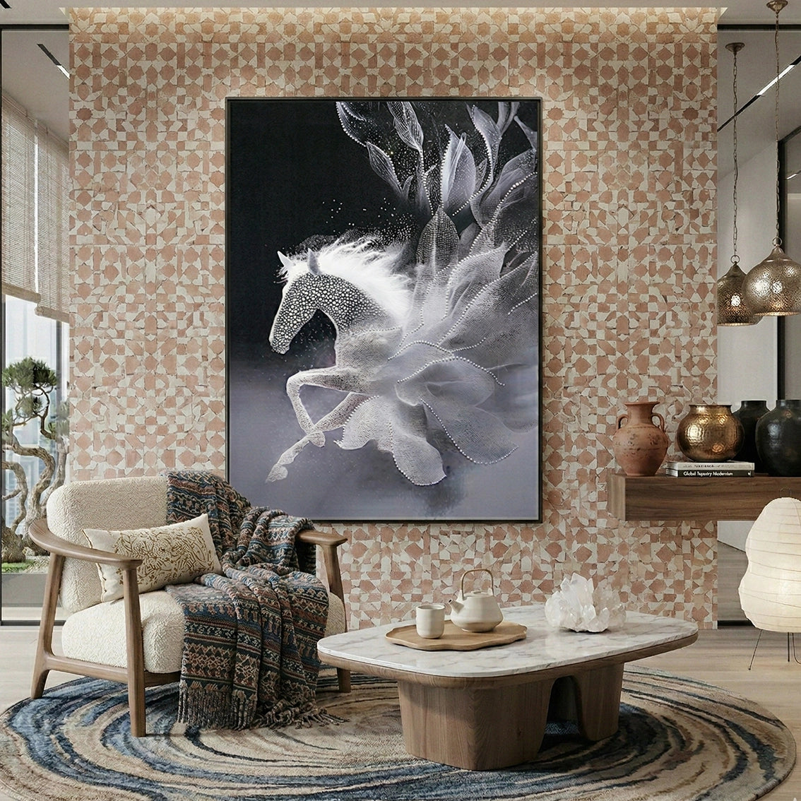 Modern pearl horse wall art for stylish home wall decor.